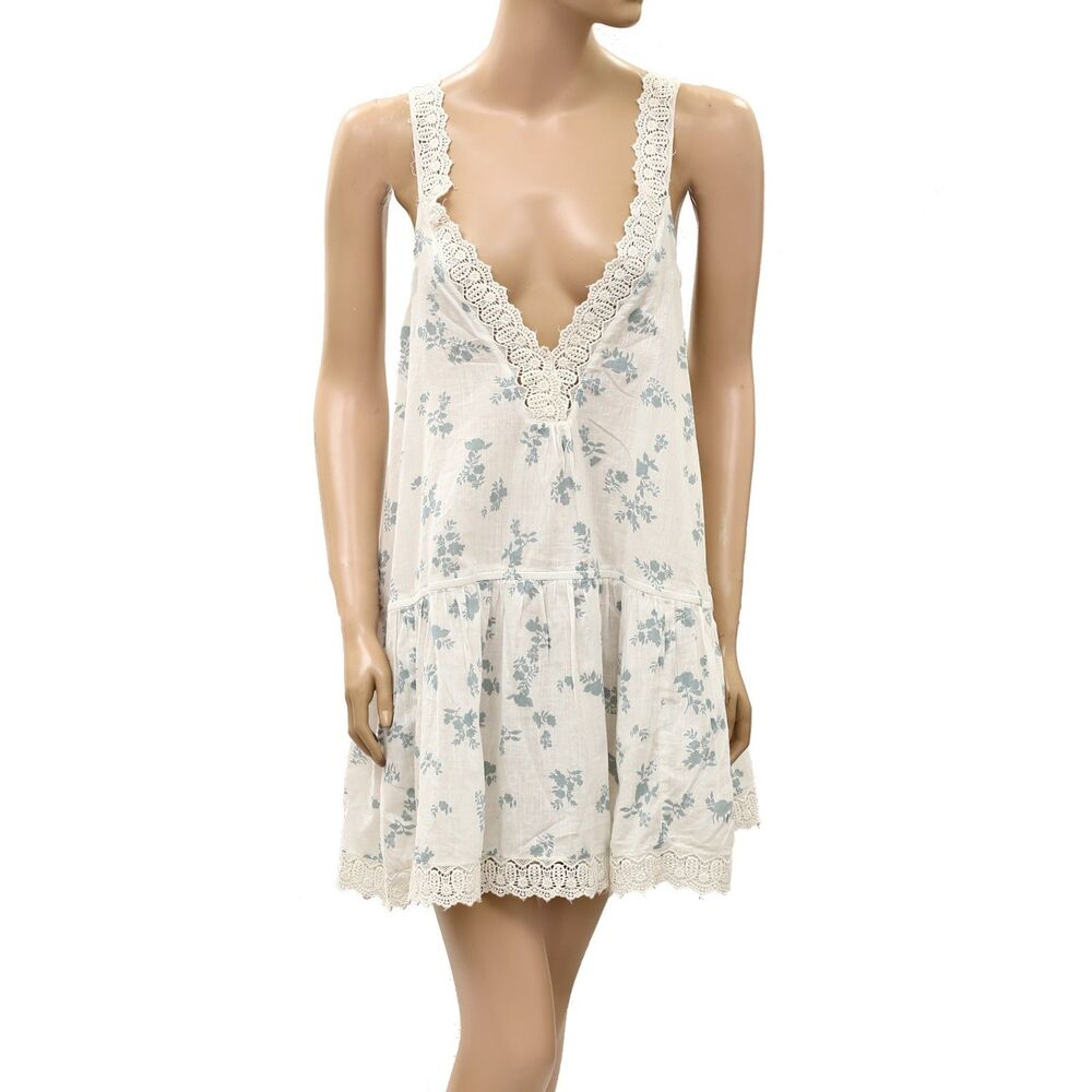 By Anthropologie Embroidered-Trim V-Neck Mini Sleep Dress Floral Print S 291101
